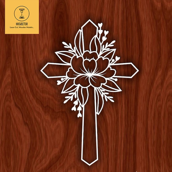 Lasercut Cross Wall Decoration With Flower Pattern Wooden Metal Vector Art SVG CDR Files