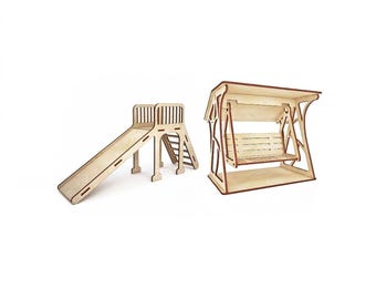 Swing and Slide Model Laser Cut File | Playground 3D Puzzle SVG DXF CDR Pdf | Wooden Toy for 4mm Material