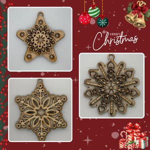 Adorno de estrella de copo de nieve cortado con láser, modelo 3D, juego de modelos decorativos de madera, archivo SVG de Feliz Navidad