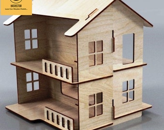 Lasercut Dollhouse Model 3D Decorative Wooden Toy 6 mm House Plan SVG CDR Files
