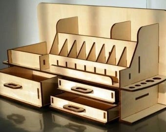 Ladebureau-organizer lasergesneden bestand | Houten opbergdoos SVG DXF CDR Pdf | Kantooropberger voor hout van 4 mm