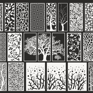 Op de afbeelding: Een set van 24 zwart-witte digitale snijbestanden met verschillende natuur-geïnspireerde ontwerpen, waaronder bomen, bladeren en geometrische patronen. Deze bestanden zijn perfect voor het maken van decoratieve schermen, wandkunst of andere doe-het-zelfprojecten.