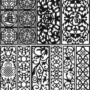 May include: A set of 12 black and white intricate decorative patterns, featuring floral and geometric designs. These patterns are perfect for laser cutting, stenciling, or other craft projects.