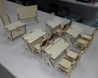 Lasercut Dollhouse Furniture Classroom Set 3D Decorative Wooden Toy 3 mm Furniture Plans SVG DXF Files
