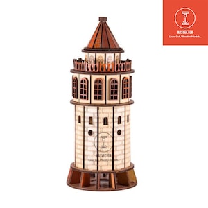 Puede incluir: Un kit de modelo de madera de una torre con un techo rojo y paredes de ladrillo blanco. El modelo está cortado con láser y viene con instrucciones de montaje. Hasvector Modelos de madera cortados con láser.