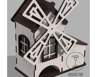 Modelo de molino de casa de té cortado con láser modelo de artesanía de cocina de madera 4 mm Plan SVG CDR archivos