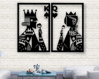 Lasercut Rey y Reina Naipes Madera Metal Decoración de pared Vector Arte SVG DXF CDR Archivos