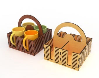 Lasercut Mug Basket Model | Cup Box Design Decorative Wooden Home Crafs 5 mm Plan Dxf SVG PDF CDR Files