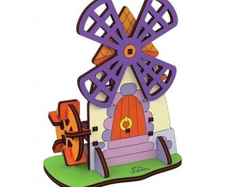 Lasercut Wind Mill Model Wooden 3D Puzzle 3 mm Toy Plan SVG DXF Files