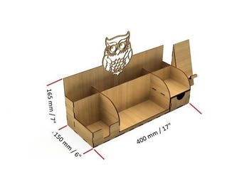 Set bureauorganizer en telefoonhouder met uilpatroon | Lasergesneden bestanden SVG DXF CDR Pdf | Ontwerp houtsnijwerk voor kantoordecor 3 mm