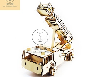 Lasercut camión de bomberos modelo madera 3D rompecabezas juguete 3 mm Plan Vector SVG CDR archivos