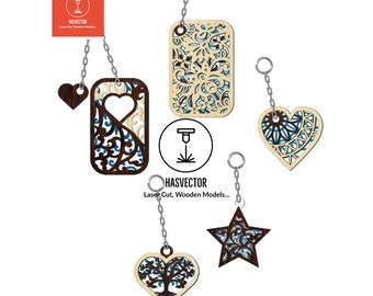 Lasercut Wooden Key Chain Model 5 Different Design Star, Heart, Tree Of Life Patterns Vector Pack SVG CDR Files