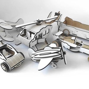 Lasergesneden speelgoedset-9 speciaal ontwerp! (Racing auto, helikopter, F1 auto, vliegtuig, tweedekker) Model 3D Plan houten speelgoed 3 mm SVG-bestanden