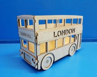 Lasercut London Bus Model 3D decoratief houten speelgoed 3 mm huisplan SVG CDR-bestanden