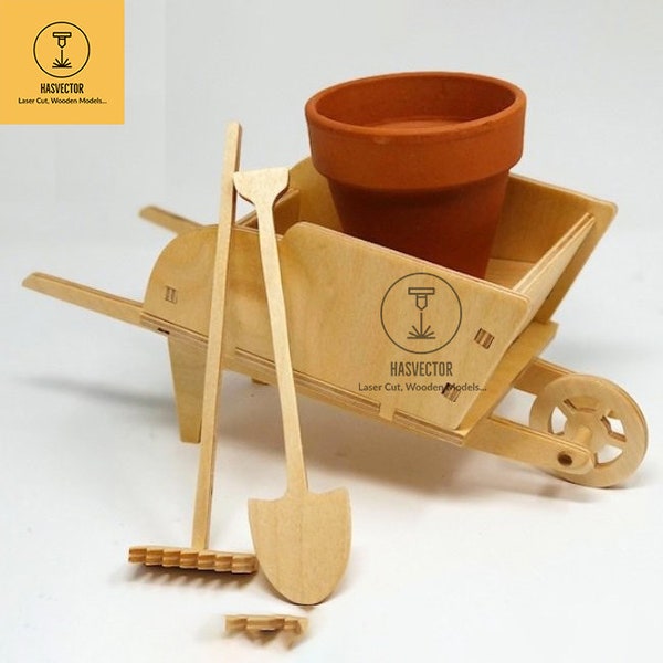 Lasercut Wheelbarrow Model With Rake and Shovel 3D Decorative Wooden Toy 6.35 mm Plan SVG CDR Files