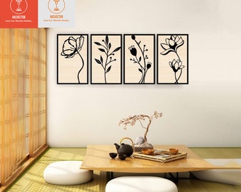 Planta de decoración de pared de flores cortadas con láser, patrón floral, arte vectorial de metal de madera, archivos SVG CDR