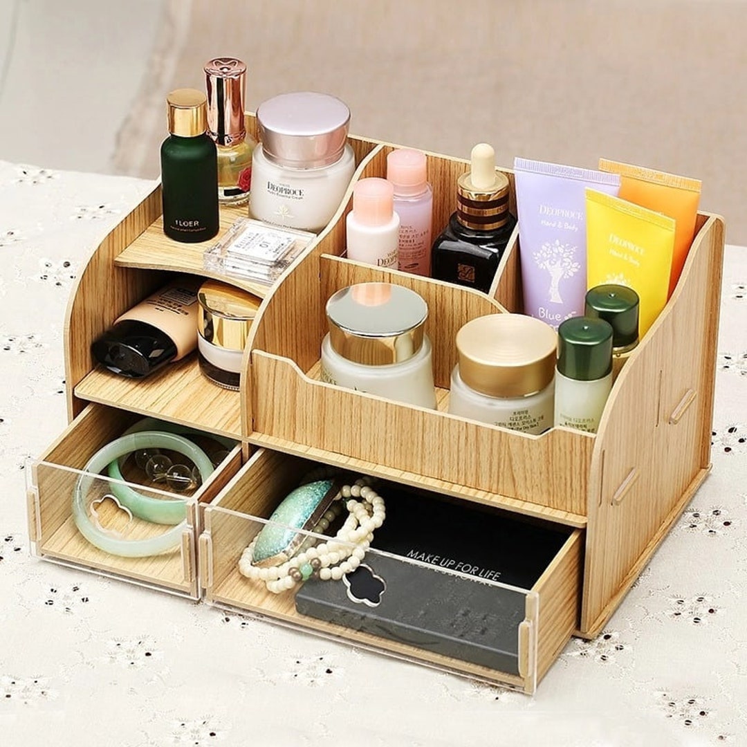 Laser Cut Wooden Desk Organizer With Drawers Make up Staff Storage Box