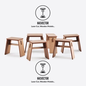 May include: A selection of laser-cut wooden stools in different designs. The stools are light brown with a simple, modern appearance. The image includes the text "HASVECTOR Laser Cut, Wooden Models..." within a circular logo.