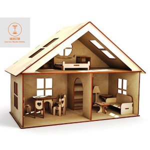 Lasercut Puppenhaus Modell mit Möbeln 3D Dekoratives Holzspielzeug 2,8 mm Haus Plan SVG CDR Dateien