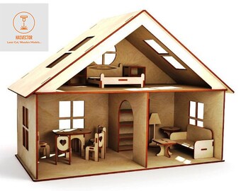 Modelo de casa de muñecas cortado con láser con muebles 3D juguete de madera decorativo 2,8 mm Plan de casa SVG CDR archivos