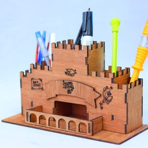 Lasercut Pen Holder Castle Wooden Desk Organizer Model 3 mm Plan SVG DXF Files