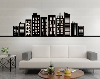 Lasercut Vista de la ciudad Madera Metal Decoración de paredes Edificios Arte vectorial Archivos SVG DXF CDR