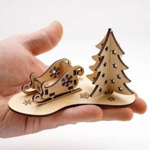 レーザーカットのクリスマスツリーとサンタカート 3D モデル 装飾木製玩具 3 mm プラン SVG DXF CDR ファイル