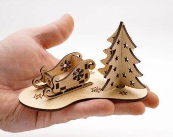 Lasercut Christmas Tree and Santa Cart 3D Model Decorative Wooden Toy 3 mm Plan SVG DXF CDR Files