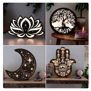 Cordero nocturno cortado con láser, caja de luz modelo de madera flor, árbol de la vida, luna, patrón de mano 3 mm archivos SVG DXF