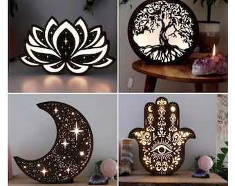 Lasercut Crescent Night Lamb, Light Box Wooden Model Flower, Tree of Life, Moon, Hand Pattern (4 Design Bundle) 3 mm SVG DXF Files
