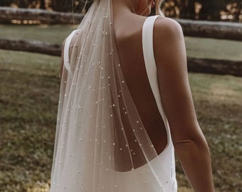 Pearl Wedding Veil, wedding veil, Chapel bridal, Modern, Fingertip Veil, Ivory, Wedding Veil Single Tire Veil Simple Veil Single layer Veil