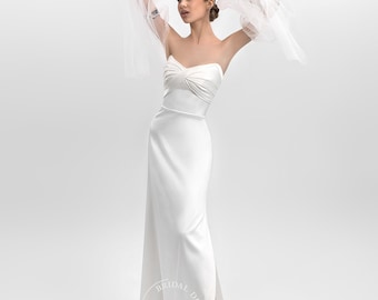 Off-the-shoulder Satin Sexy Wedding Dress, Bridal Gowns, Boho, Beach Wedding Gown, Elegant, Ivory, Corset, Long Puff Sleeves, Slit Dress