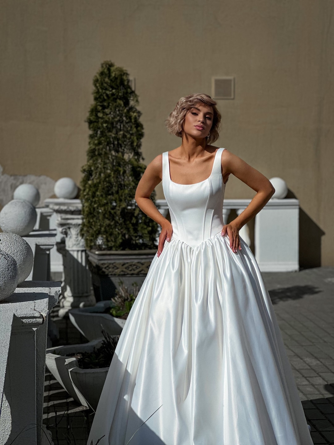 Wedding Ddress With Square Neckline | Satin Wedding Dress