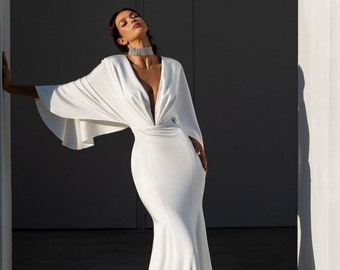 Wedding Dress, Butterfly Sleeves, Cape Sleeve, Mermaid Wedding Dress, Bridal Gown, Modern Design,  Elegant Style, Deep V-neckline, Open back