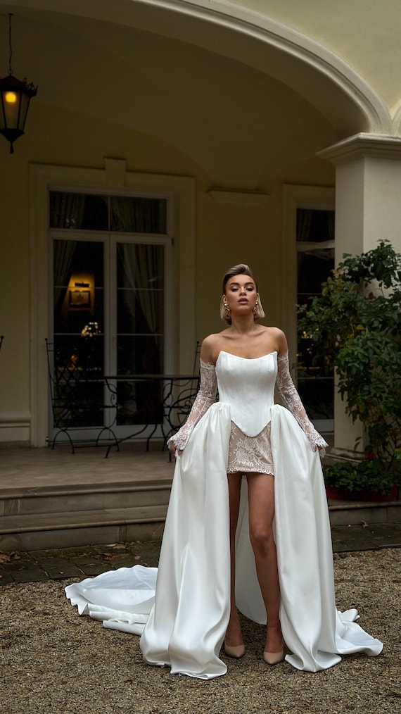 asymmetrical skirt wedding dress Pleated Strapless Asymmetrical Waist A-Line Shawl Wedding Dress