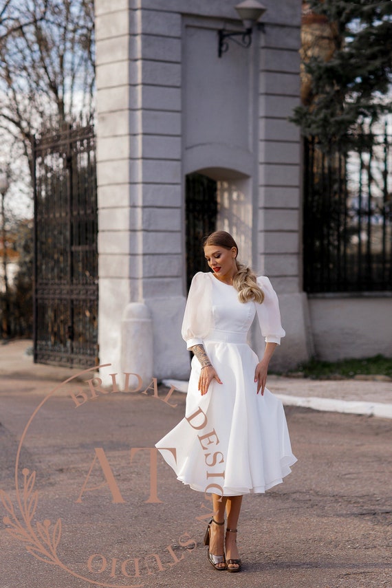 Wedding Dress, Bridal Gowns, Tea-Length, A-line Silhouette, Sexy, Puff  Sleeves, Modern Design, Midi, New Описание: