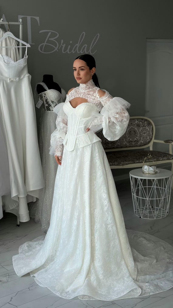Weddin dress, Bridal gowns, Sweetheart neckline, Stand collar, A-Line, Long puffy sleeves, Romantic cuffs, Corset dress, Modern design, New