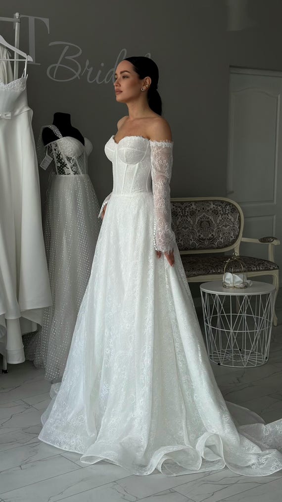 a line silhouette wedding dress A-Line Empire Sweep-Brush Train Lace Satin Wedding Dress COCOMELODY CW3095, 25 Days / Ivory / US12-UK14-EUR42 main image 0