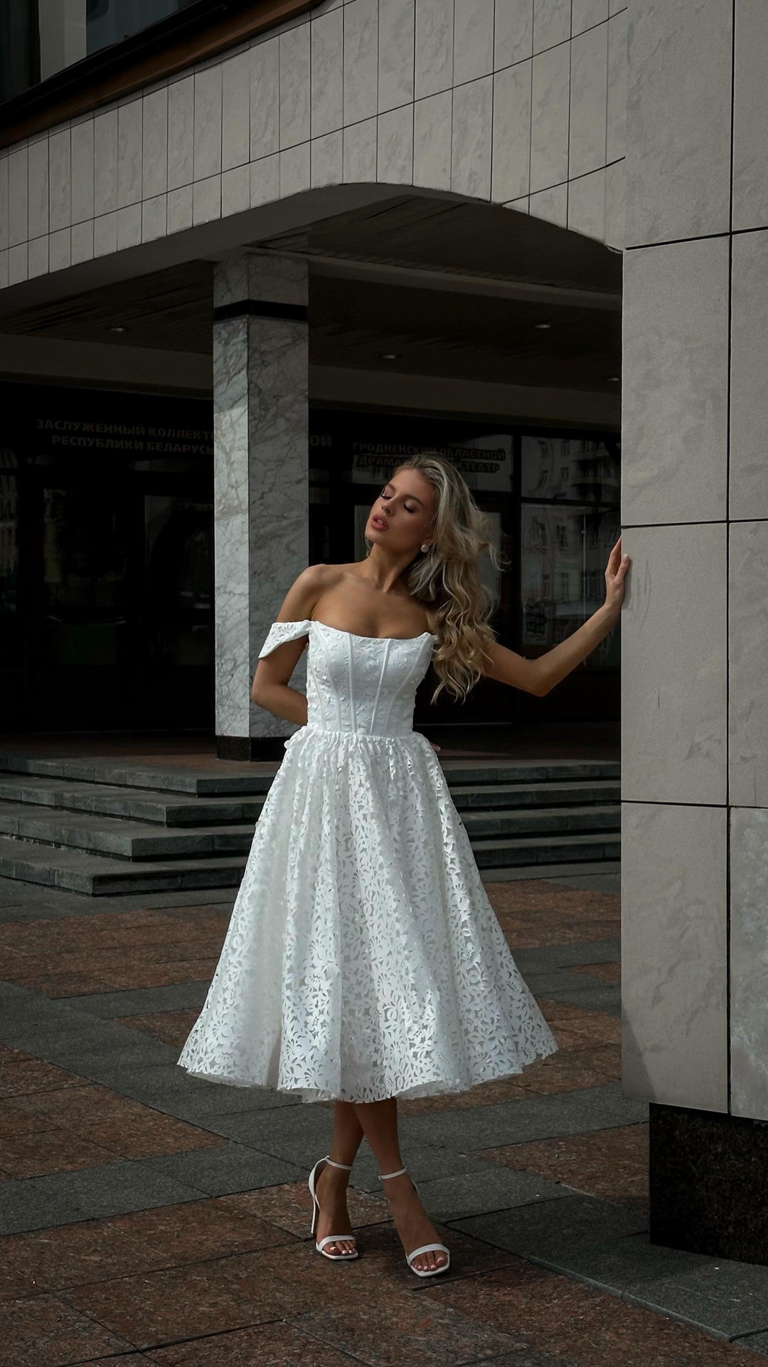 open lace back dress A line sweetheart neck white prom dress tea length formal party dress –  toptby main image 1