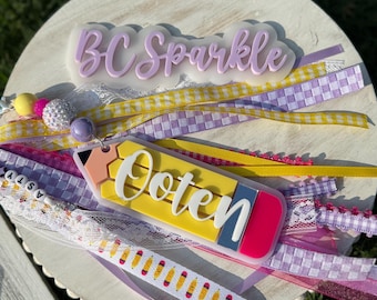 Personalized Pencil Keychain with Beaded Charm & Ribbon Tassel | Custom Teacher Gift | Back to School Name Tag