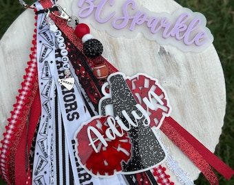 Custom Team Spirit Keychain – Personalized Ribbon Wristlet with Beads & School Colors – Cheer, Sports, Football, Game Day Accessory