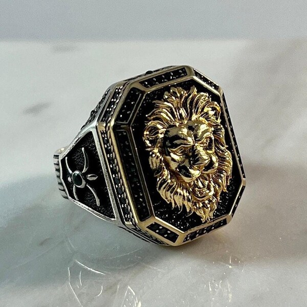 Lion Ring, 925 Sterling Silver, Zircon Stone Design Ring, Handmade Ring, Animal Ring, Men's Ring with Lion Symbol, Fashion Men Ring