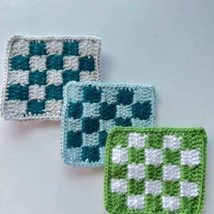Crochet Coaster, Checkered Coaster, Green Set of 3