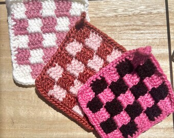 Crochet Coaster, Checkered Coaster, Pink Set of 3