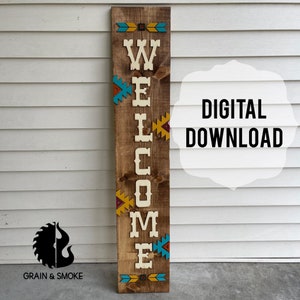 May include: A wooden welcome sign with white letters and colourful geometric patterns. The sign is on a white siding background. The text on the sign reads "WELCOME". The text "DIGITAL DOWNLOAD" is in a white circle on the right side of the image.