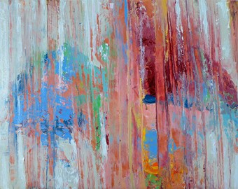May include: Abstract painting with vertical brushstrokes in shades of blue, green, pink, red, and white.