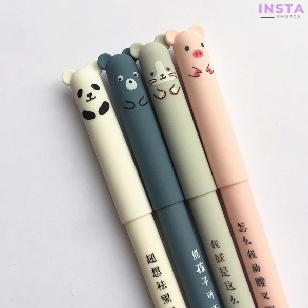 Lot de 4 stylos gel effaçables pour animaux Kawaii, 0,35 mm d'encre bleu-noir, fournitures scolaires de bureau, cadeau de papeterie