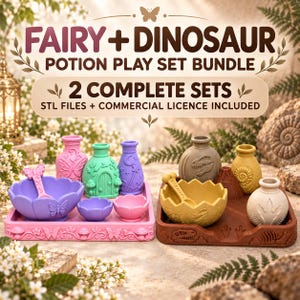 May include: A Fairy and Dinosaur potion play set bundle featuring two complete sets with STL files and a commercial license. The pink set includes a butterfly tray, bowls, and bottles. The brown set includes a dinosaur tray, bowls, and bottles.
