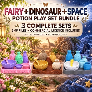 May include: A digital download bundle featuring three potion play sets: fairy, dinosaur, and space themes. Each set includes small bottles, bowls, and trays with themed embossed details like butterflies, fossils, and planets in pink, brown, and gray.
