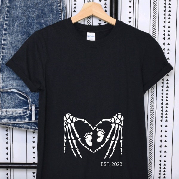 Skeleton Hand and Baby Feet Shirt, Maternity Skeleton Halloween T-Shirt, Mommy to Be Gift, Goth Pregnancy Shirt, Pregnancy Halloween Tee